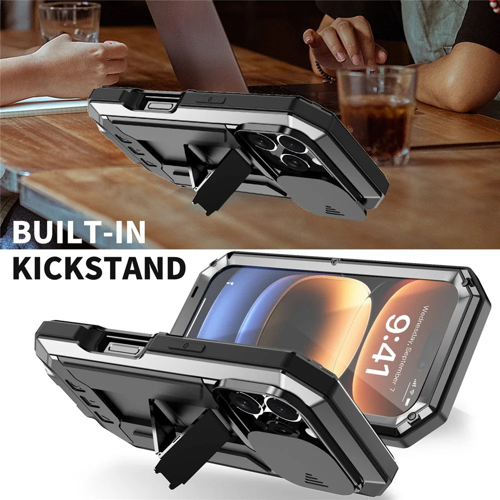 R-JUST For iPhone 16 Pro Kickstand Case Silicone+Metal+PC+Tempered Glass Screen Film Phone Cover -  Black - 5