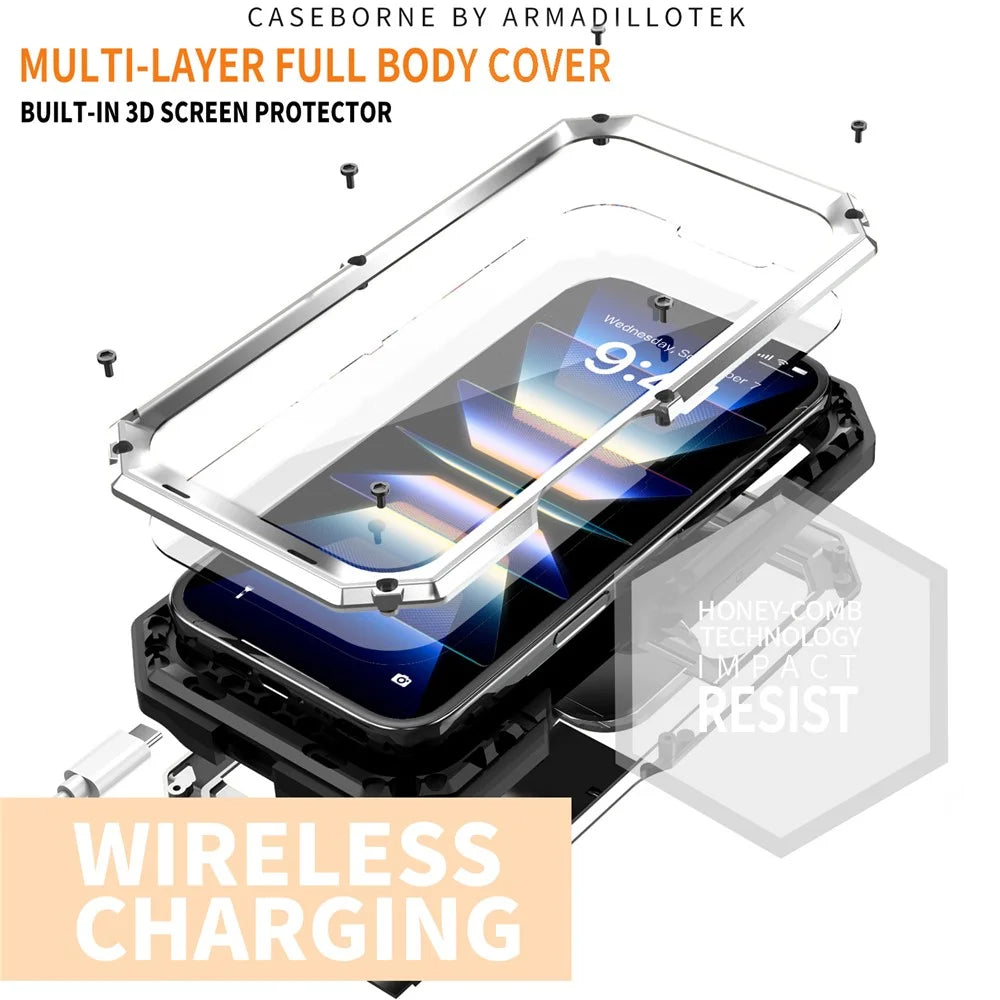 R-JUST For iPhone 16 Kickstand Case Silicone+Metal+PC+Tempered Glass Screen Film Phone Cover -  Silver - 4