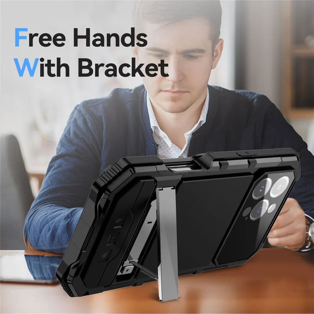 R-JUST For iPhone 16 Pro Max Case PC+Silicone+Metal Kickstand Phone Cover with Tempered Glass Film - Black - 4