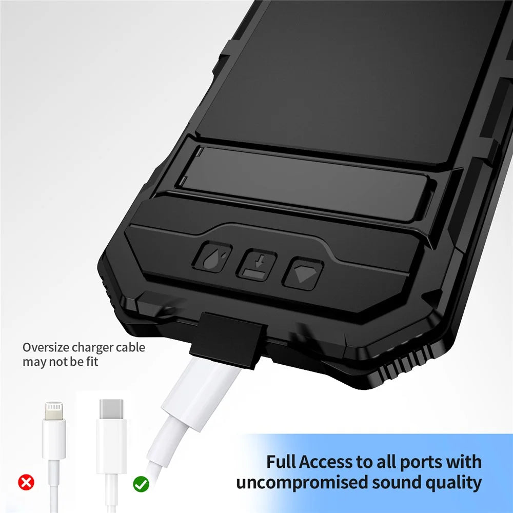 R-JUST For iPhone 16 Plus Case PC+Silicone+Metal Kickstand Phone Cover with Tempered Glass Film - Black - 3