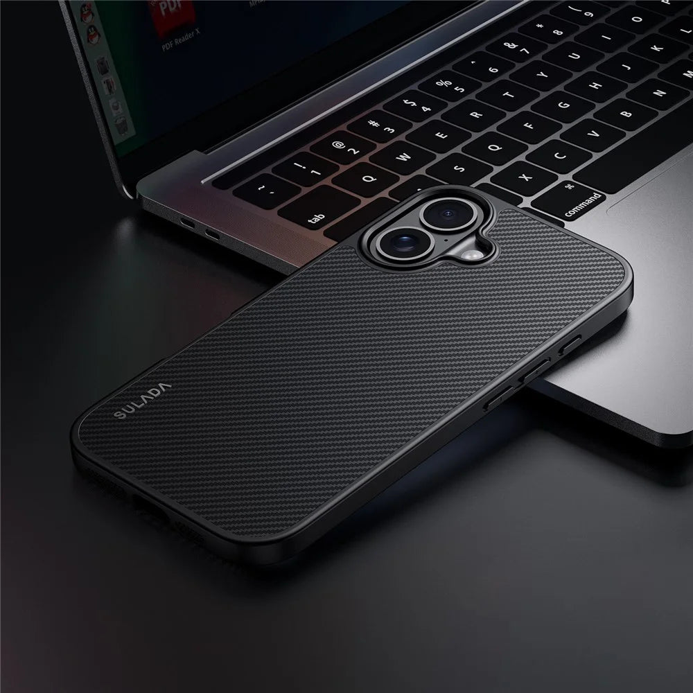 SULADA For iPhone 16 Case Compatible with MagSafe Metal Lens Frame PU+TPU Phone Cover - Black - 1