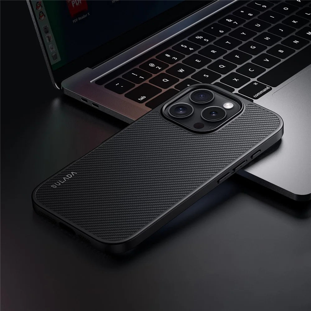SULADA For iPhone 16 Pro Case Compatible with MagSafe Metal Lens Frame PU+TPU Phone Cover - Black - 1