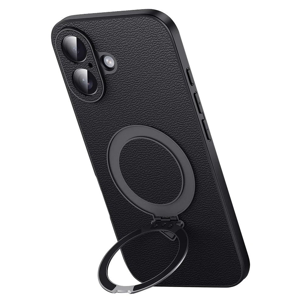 For iPhone 16 Case Compatible with MagSafe Genuine Cow Leather+PC Kickstand Phone Cover - Black - 1