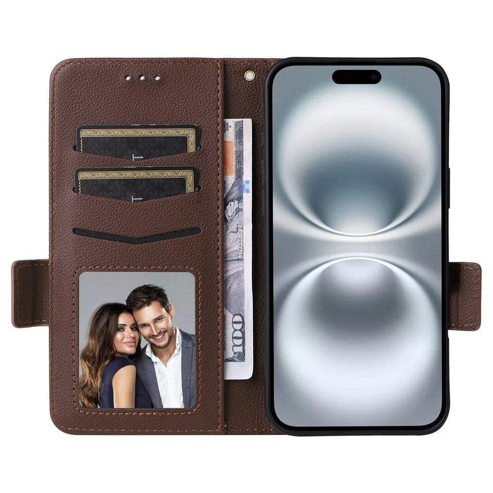 For iPhone 16 Case with Wrist Strap Litchi Texture PU Leather Wallet Phone Cover - Brown - 2