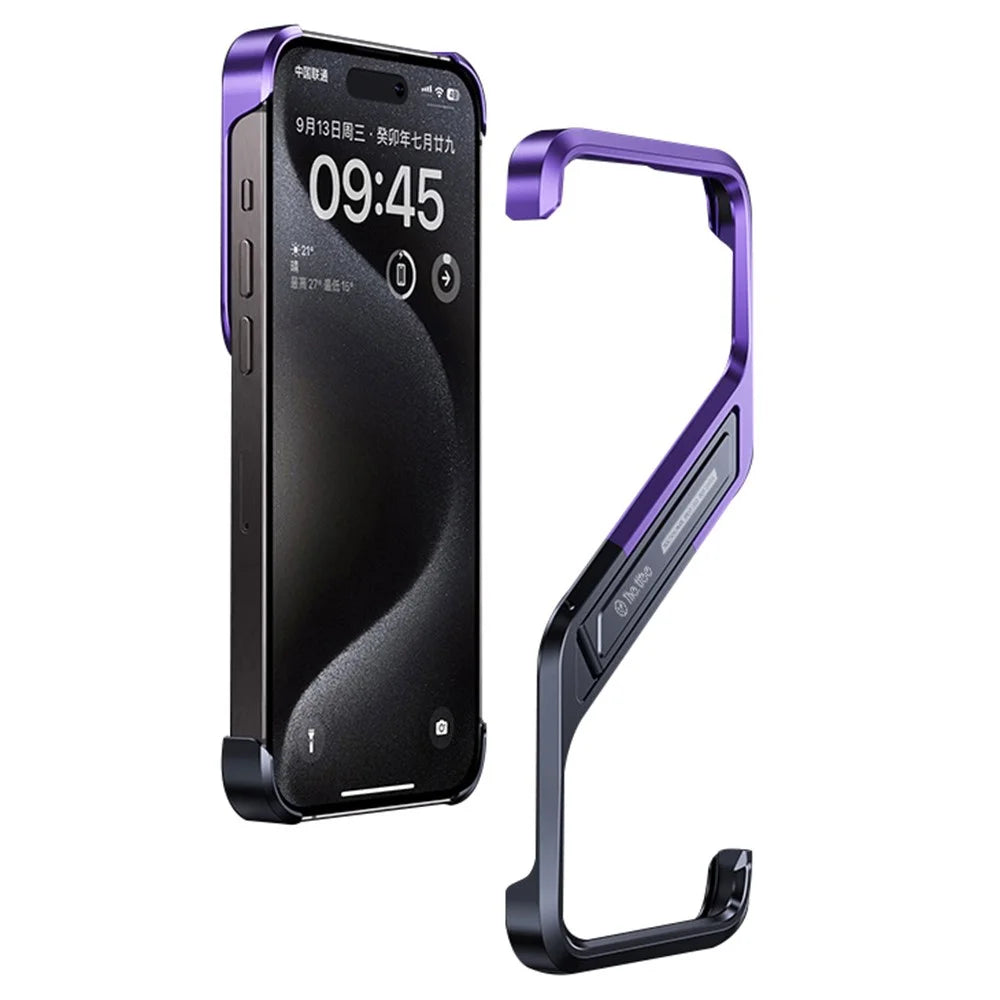 For iPhone 16 Pro Max Frameless Case S-Shaped Aluminium Alloy Phone Cover with Kickstand - Purple - 1