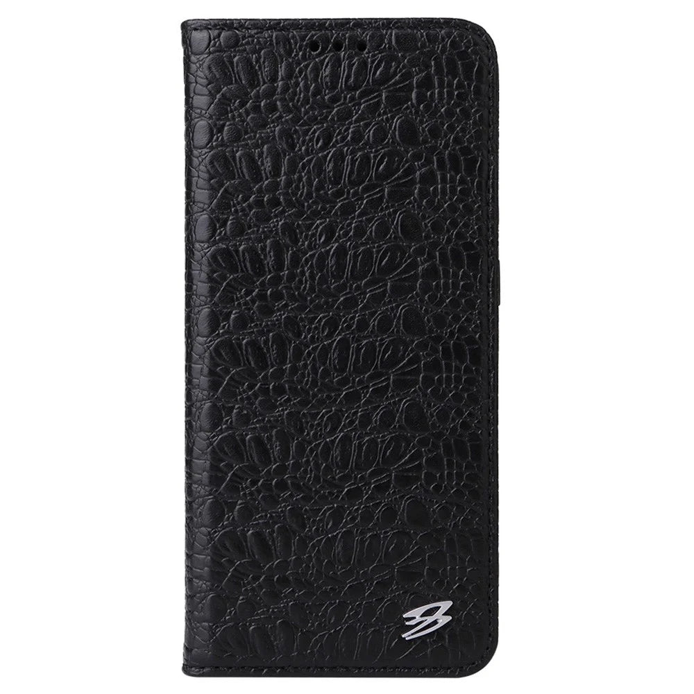 FIERRE SHANN For iPhone 16 Pro Max Case Genuine Cow Leather Crocodile Texture Wallet Phone Cover - Black - 4