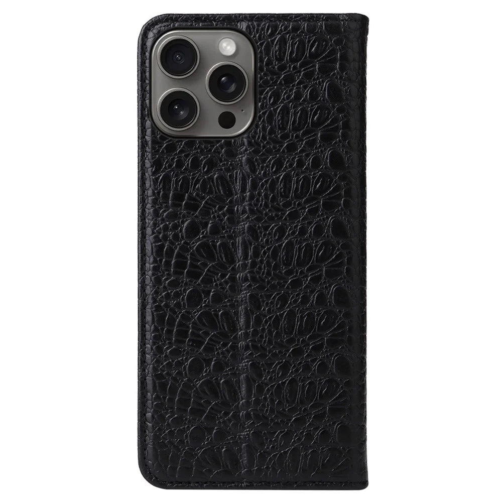 FIERRE SHANN For iPhone 16 Pro Max Case Genuine Cow Leather Crocodile Texture Wallet Phone Cover - Black - 5