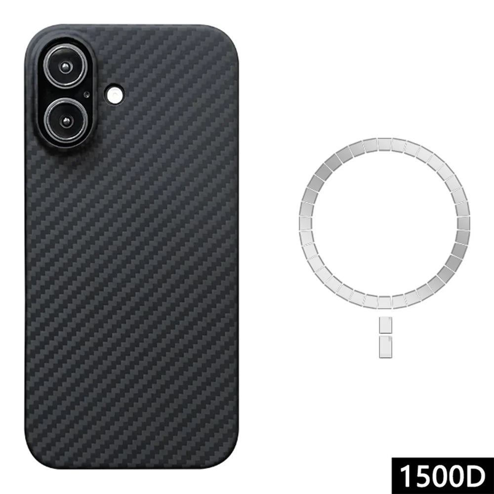 For iPhone 16 Magnetic Case 1500D Coarse Texture Aramid Fiber Phone Cover (Big Lens Hole) - Black - 1