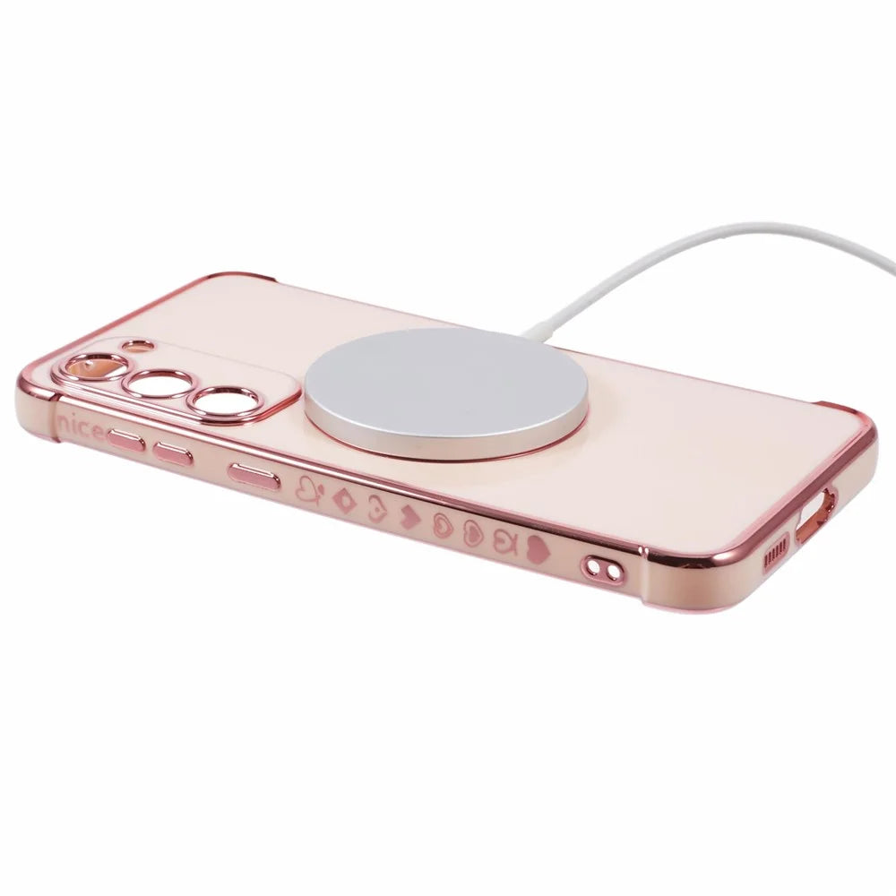 For Samsung Galaxy S23+ Magnetic Case Electroplated TPU Phone Cover Hollow Love Hearts - Rose Pink - 4