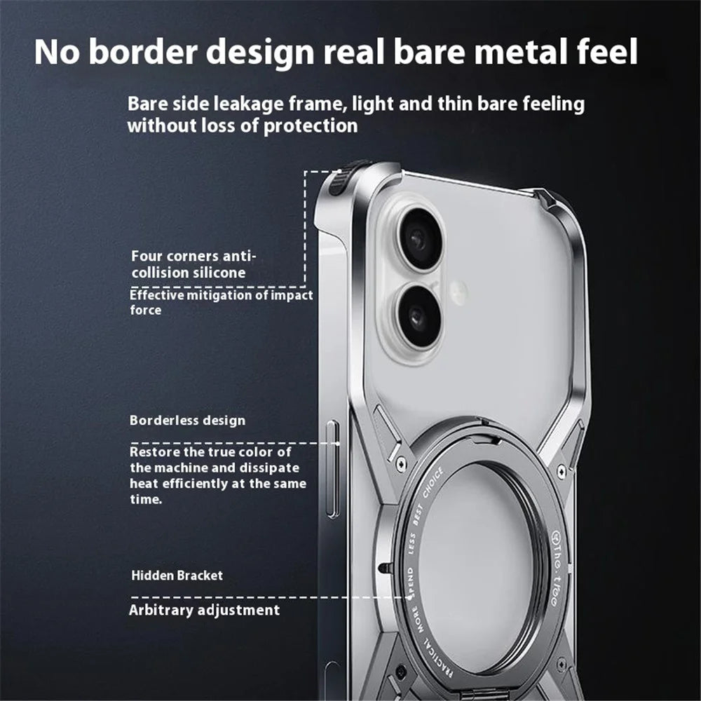 For iPhone 16 Case Kickstand Frameless Aluminum Alloy Bumper Phone Cover - Grey - 4