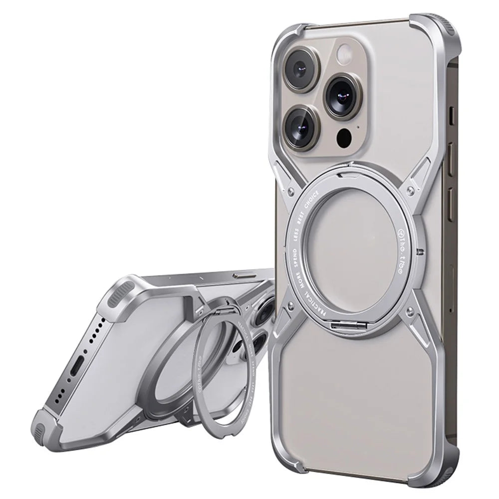 For iPhone 16 Pro Case Kickstand Frameless Aluminum Alloy Bumper Phone Cover - Silver - 1