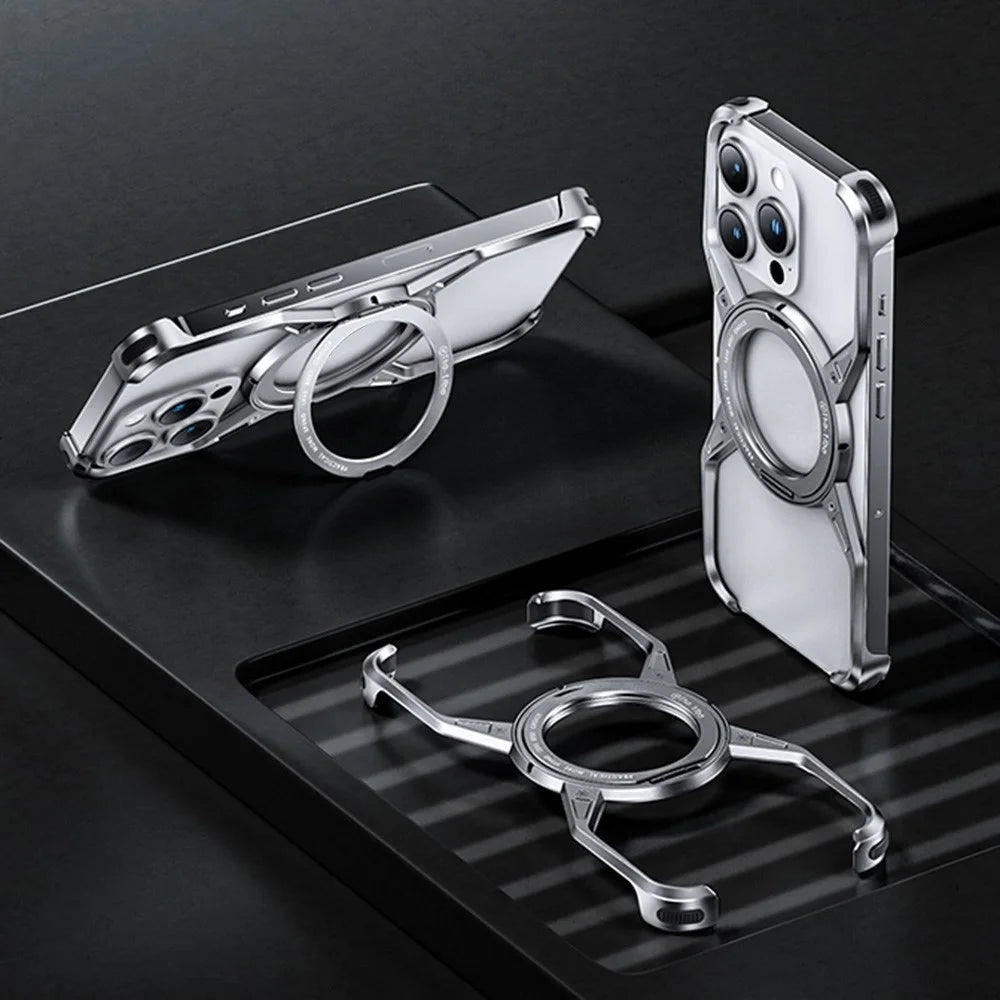 For iPhone 16 Pro Case Kickstand Frameless Aluminum Alloy Bumper Phone Cover - Silver - 2