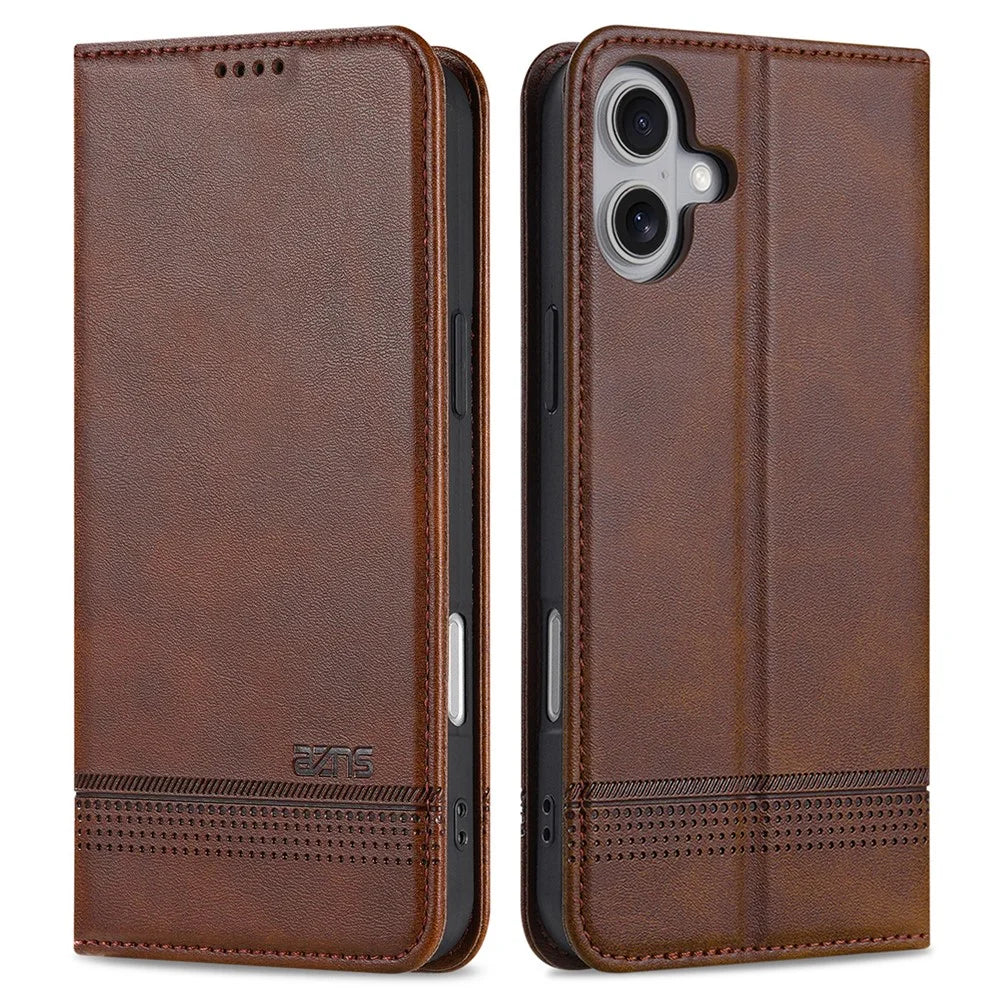 AZNS For iPhone 16 Plus Case Cowhide Texture PU Leather Wallet Phone Cover - Coffee - 1