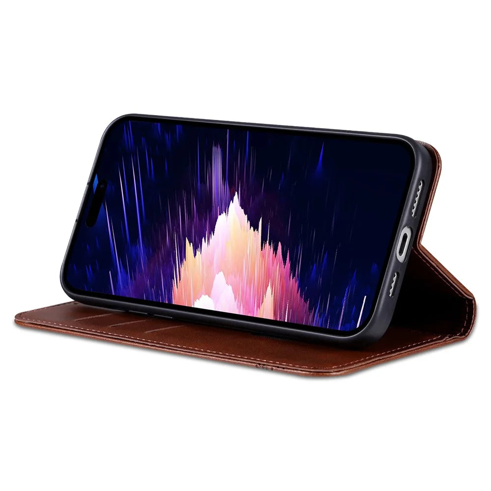 AZNS For iPhone 16 Plus Case Cowhide Texture PU Leather Wallet Phone Cover - Coffee - 3