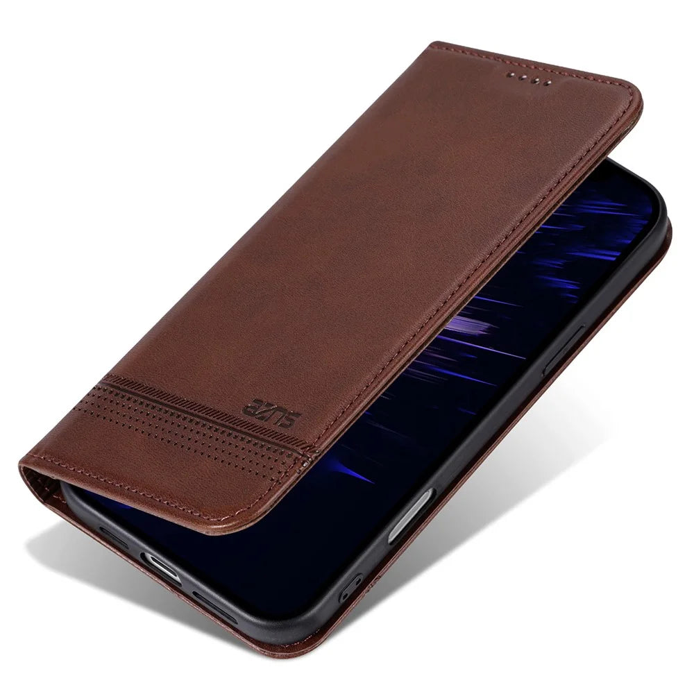 AZNS For iPhone 16 Plus Case Cowhide Texture PU Leather Wallet Phone Cover - Coffee - 5