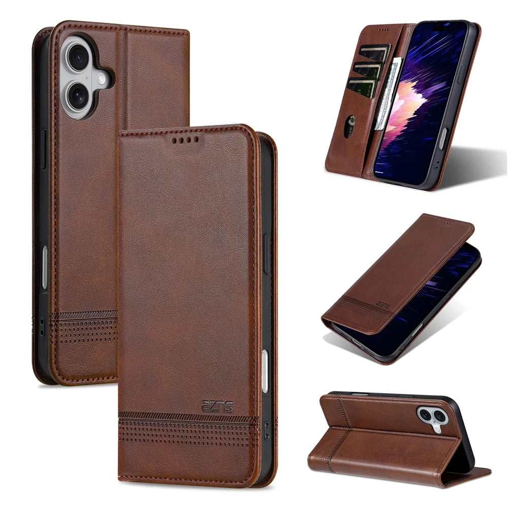 AZNS For iPhone 16 Plus Case Cowhide Texture PU Leather Wallet Phone Cover - Coffee - 7