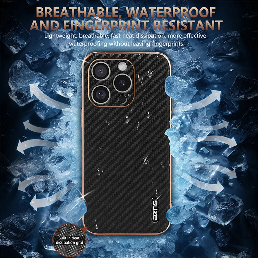 AZNS For iPhone 16 Pro Max Case Electroplating Carbon Fiber Texture PU+TPU Phone Cover - Black - 5