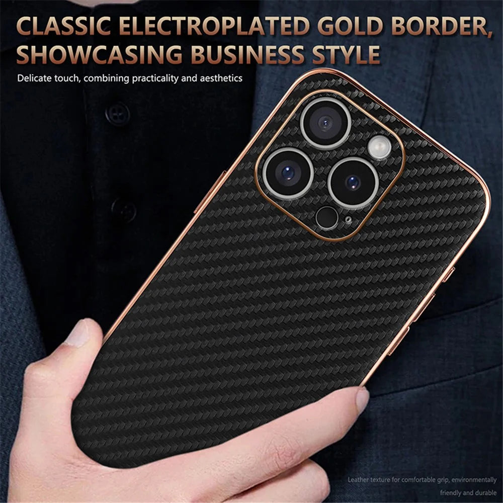 AZNS For iPhone 16 Pro Max Case Electroplating Carbon Fiber Texture PU+TPU Phone Cover - Black - 6
