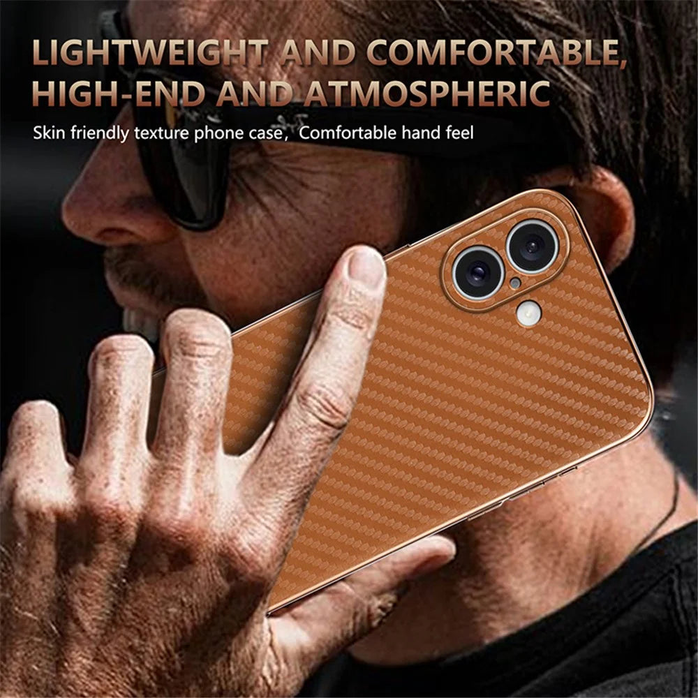 AZNS For iPhone 16 Plus Case Electroplating Carbon Fiber Texture PU+TPU Phone Cover - Brown - 5