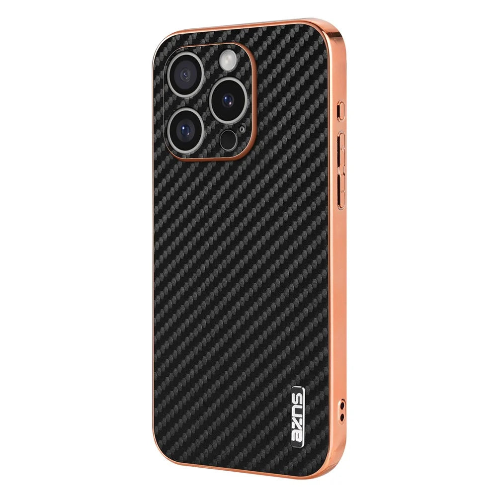 AZNS For iPhone 16 Pro Case Electroplating Carbon Fiber Texture PU+TPU Phone Cover - Black - 2