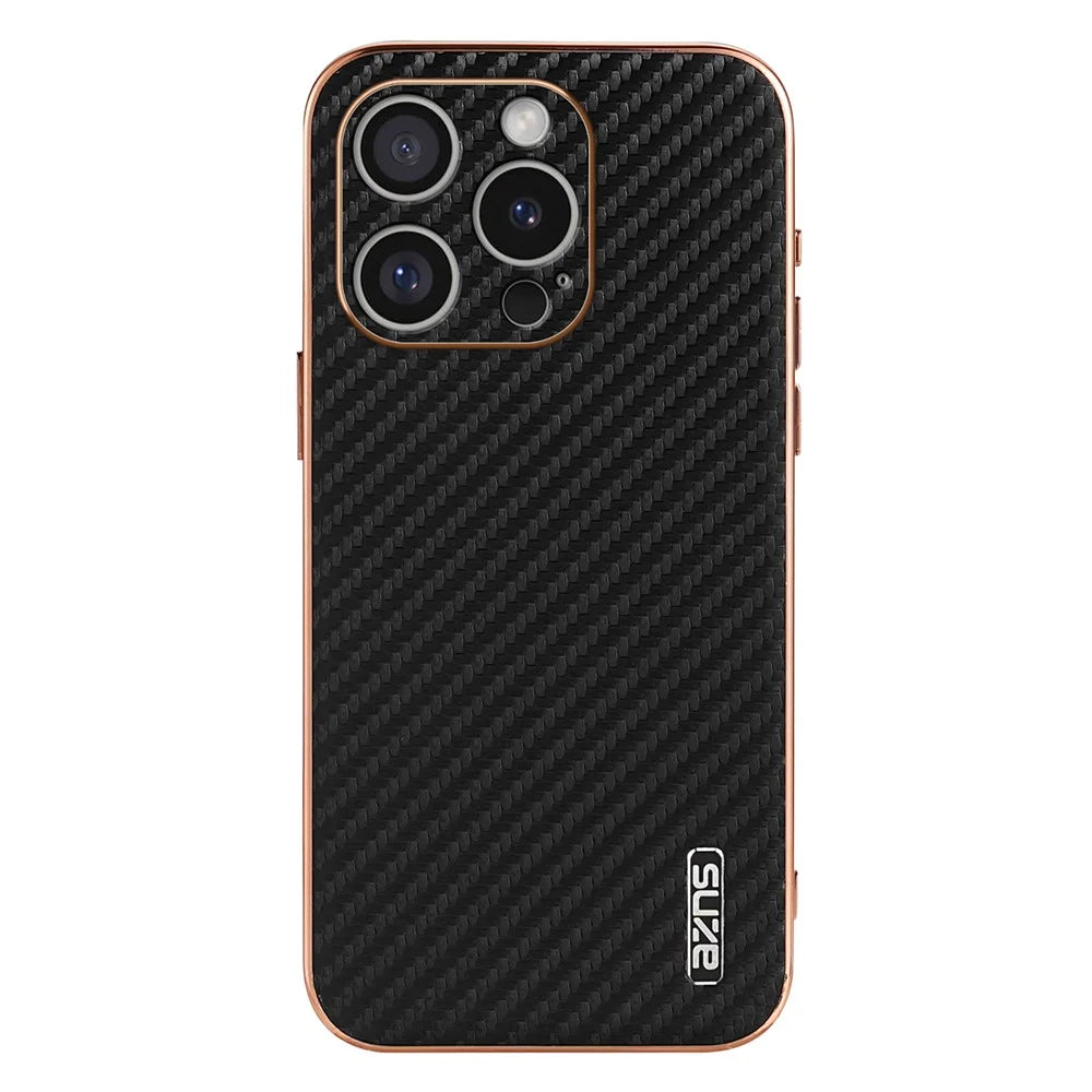 AZNS For iPhone 16 Pro Case Electroplating Carbon Fiber Texture PU+TPU Phone Cover - Black - 3