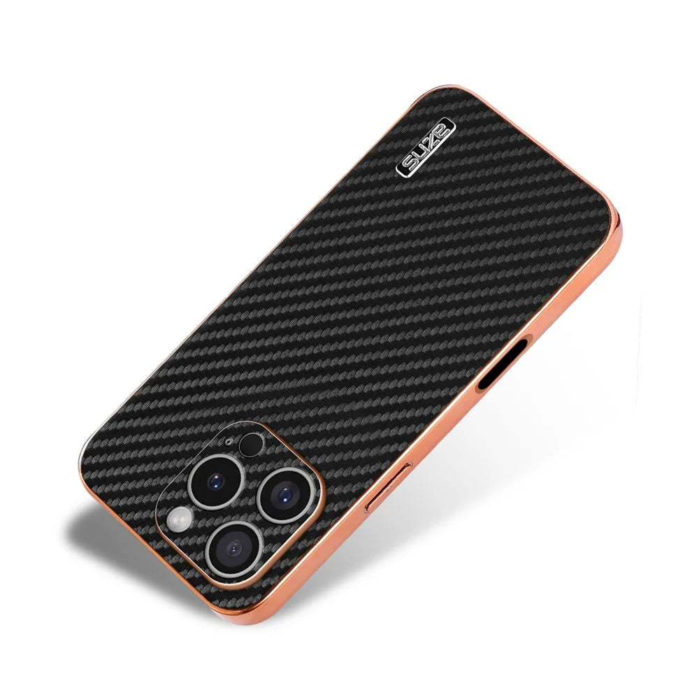 AZNS For iPhone 16 Pro Case Electroplating Carbon Fiber Texture PU+TPU Phone Cover - Black - 4