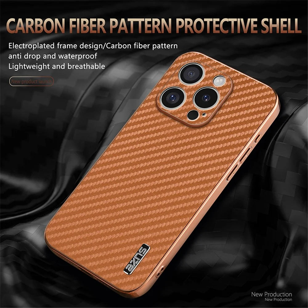 AZNS For iPhone 16 Pro Case Electroplating Carbon Fiber Texture PU+TPU Phone Cover - Black - 7