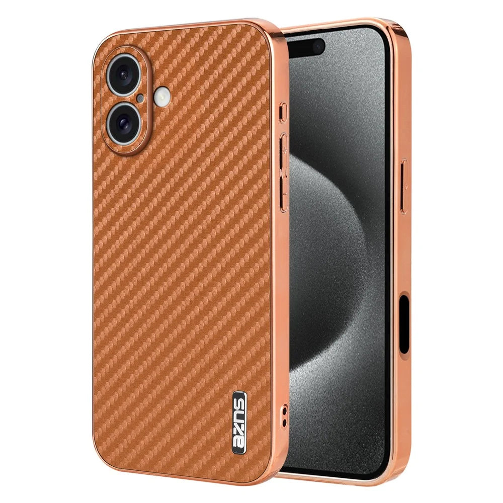 AZNS For iPhone 16 Case Electroplating Carbon Fiber Texture PU+TPU Phone Cover - Brown - 1