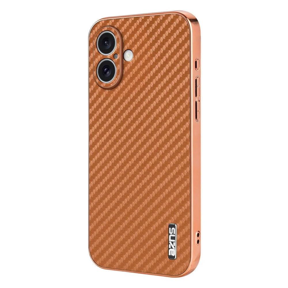 AZNS For iPhone 16 Case Electroplating Carbon Fiber Texture PU+TPU Phone Cover - Brown - 2