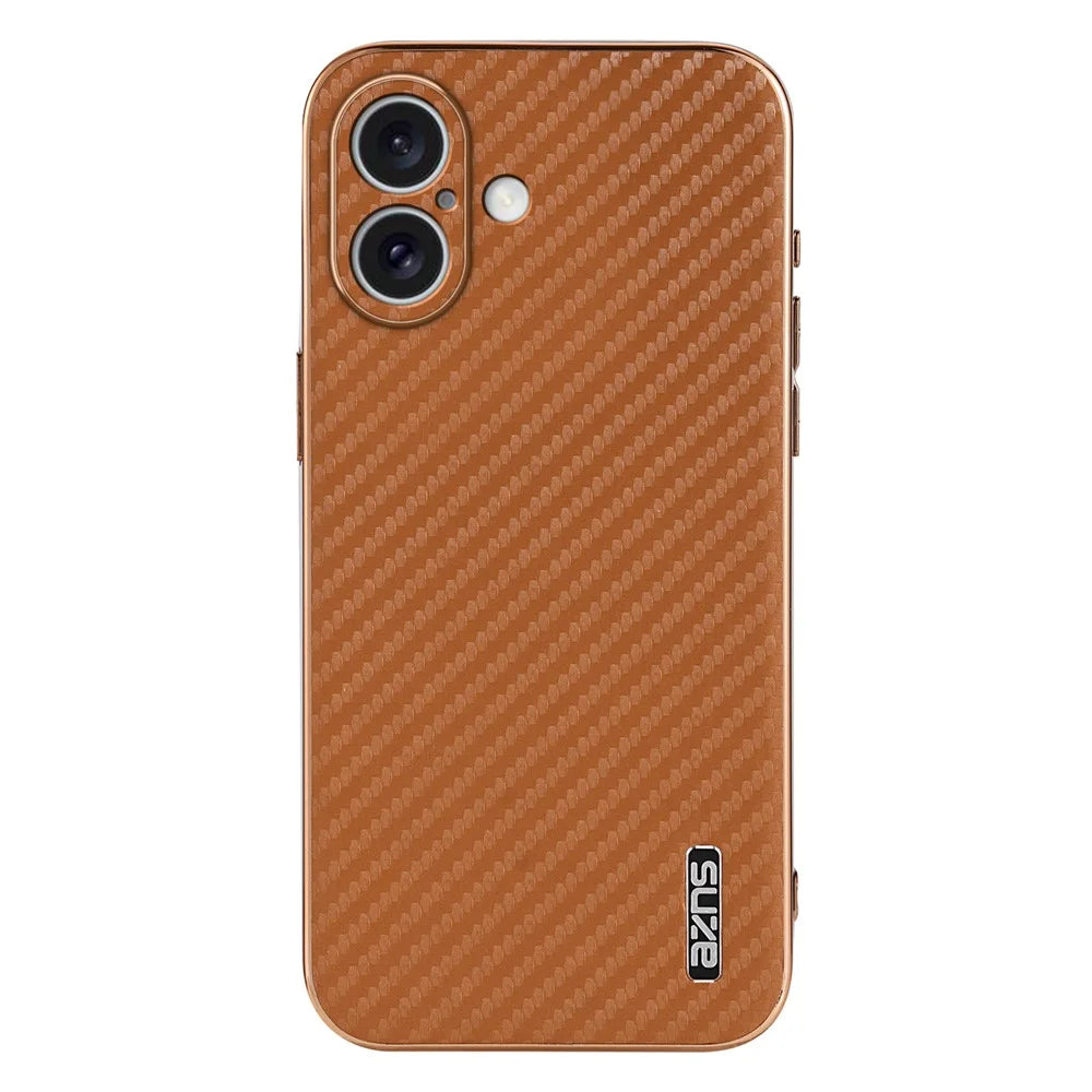 AZNS For iPhone 16 Case Electroplating Carbon Fiber Texture PU+TPU Phone Cover - Brown - 3
