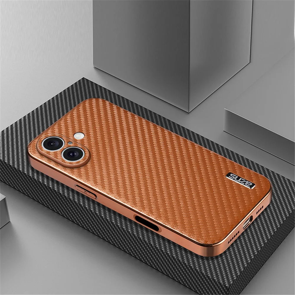AZNS For iPhone 16 Case Electroplating Carbon Fiber Texture PU+TPU Phone Cover - Brown - 4