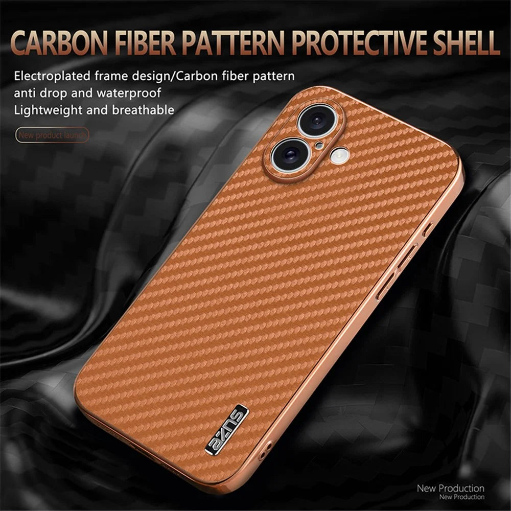 AZNS For iPhone 16 Case Electroplating Carbon Fiber Texture PU+TPU Phone Cover - Brown - 6