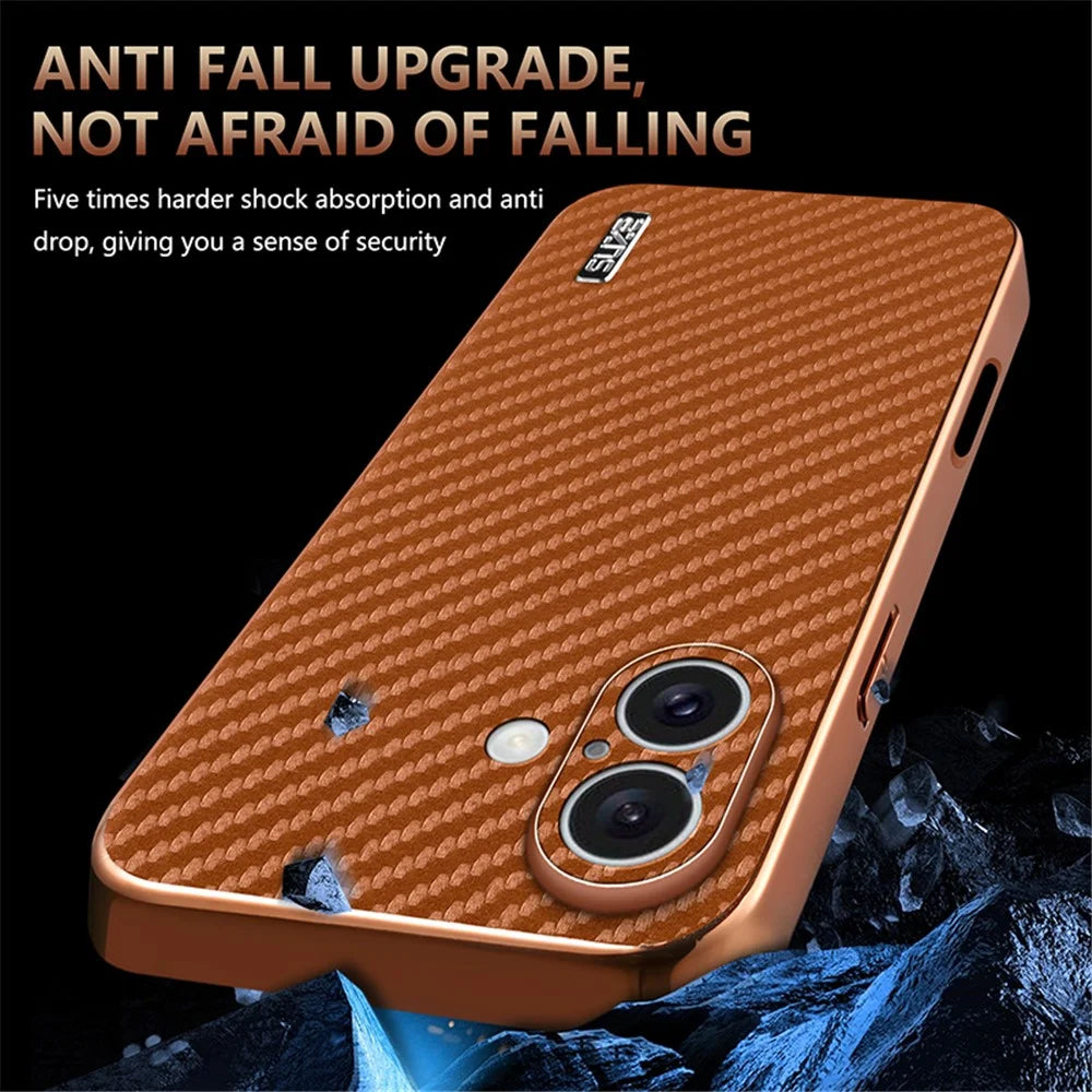 AZNS For iPhone 16 Case Electroplating Carbon Fiber Texture PU+TPU Phone Cover - Brown - 7