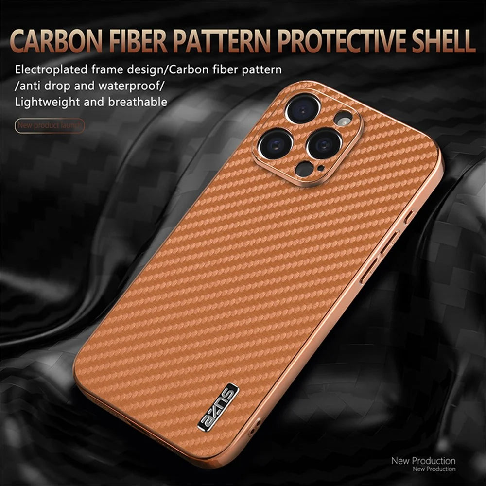 AZNS For iPhone 15 Pro Max Case Electroplating Carbon Fiber Texture PU+TPU Phone Cover - Brown - 5