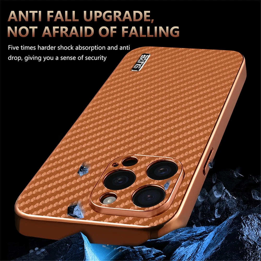 AZNS For iPhone 15 Pro Max Case Electroplating Carbon Fiber Texture PU+TPU Phone Cover - Brown - 6