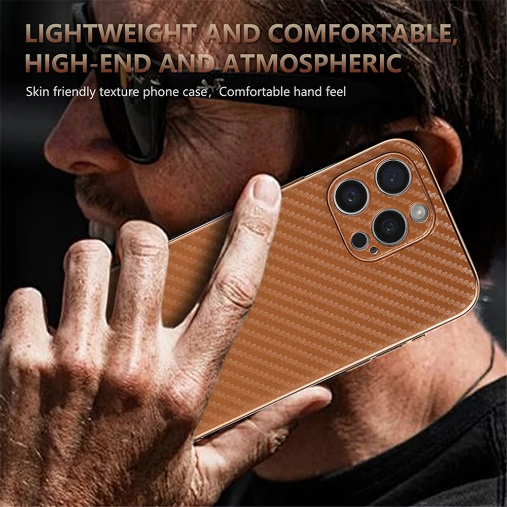 AZNS For iPhone 15 Pro Max Case Electroplating Carbon Fiber Texture PU+TPU Phone Cover - Brown - 7