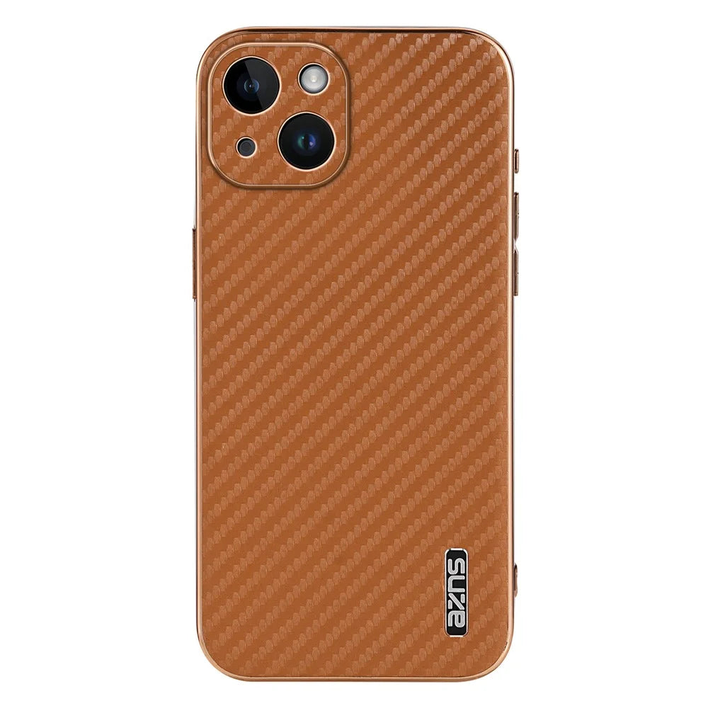 AZNS For iPhone 15 Case Electroplating Carbon Fiber Texture PU+TPU Phone Cover - Brown - 3