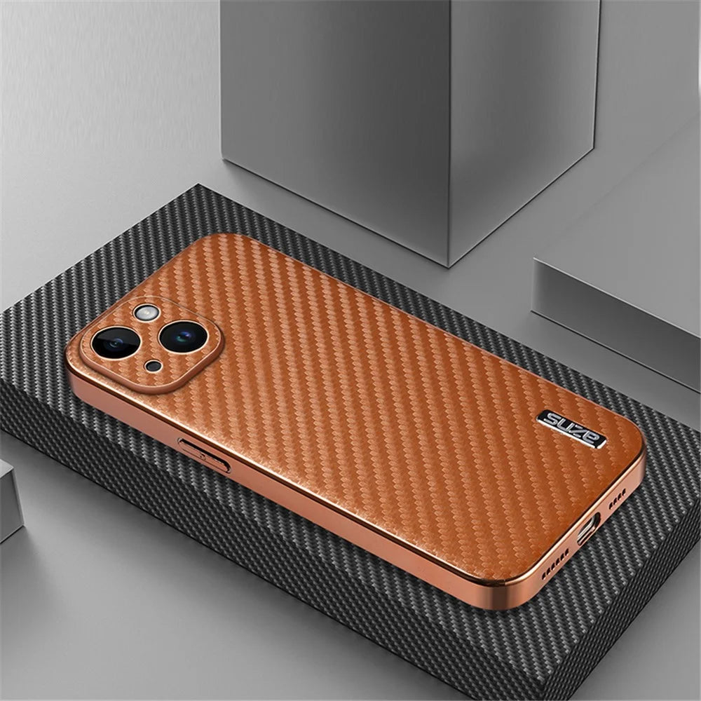 AZNS For iPhone 15 Case Electroplating Carbon Fiber Texture PU+TPU Phone Cover - Brown - 4