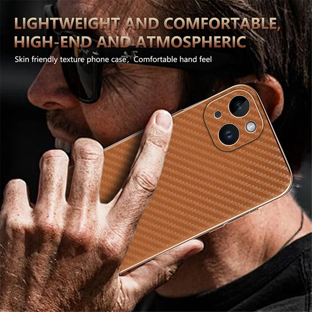 AZNS For iPhone 15 Case Electroplating Carbon Fiber Texture PU+TPU Phone Cover - Brown - 6