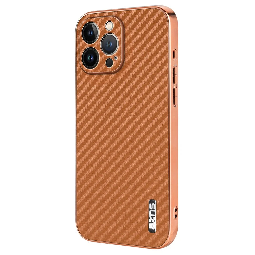 AZNS For iPhone 13 Pro Max Case Electroplating Carbon Fiber Texture PU+TPU Phone Cover - Brown - 1