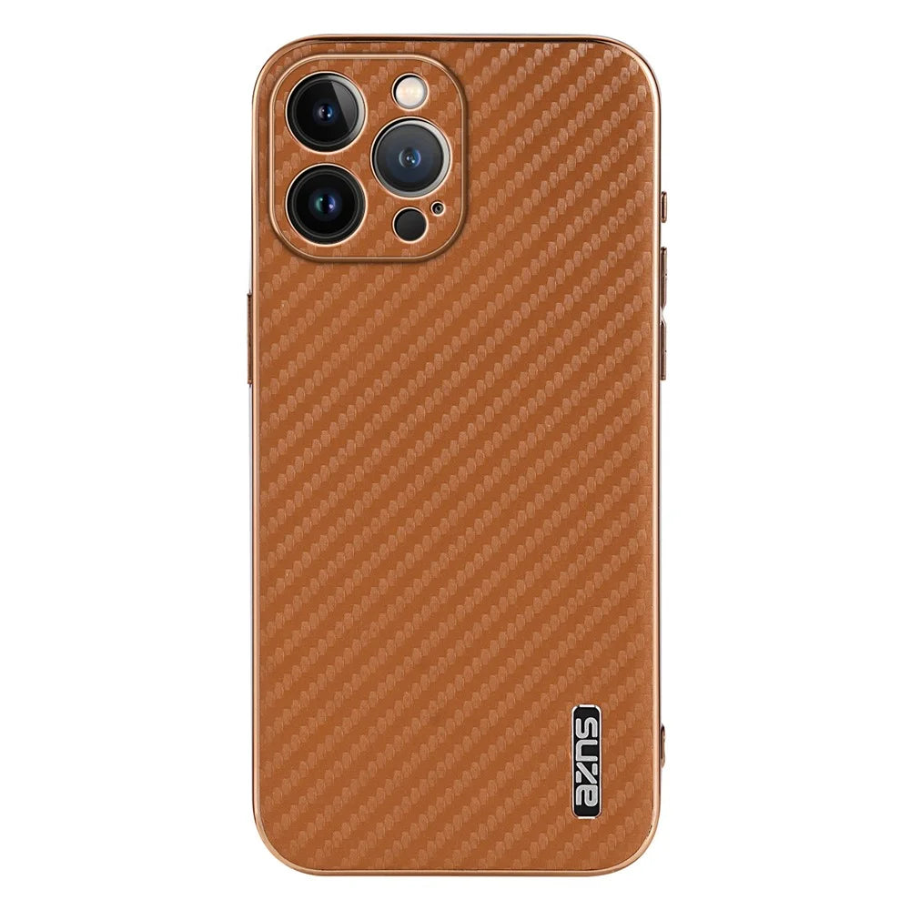 AZNS For iPhone 13 Pro Max Case Electroplating Carbon Fiber Texture PU+TPU Phone Cover - Brown - 2