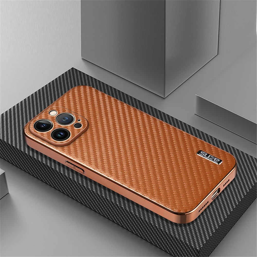 AZNS For iPhone 13 Pro Max Case Electroplating Carbon Fiber Texture PU+TPU Phone Cover - Brown - 4