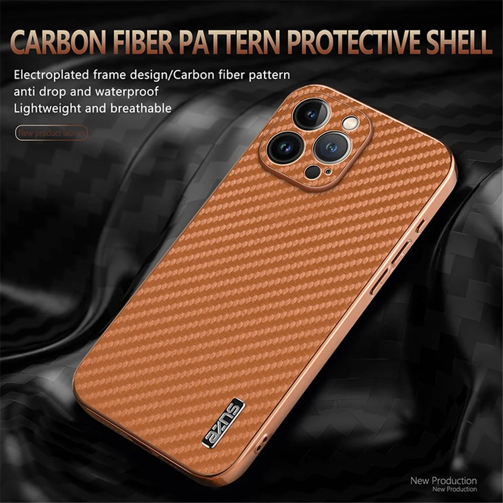 AZNS For iPhone 13 Pro Max Case Electroplating Carbon Fiber Texture PU+TPU Phone Cover - Brown - 5