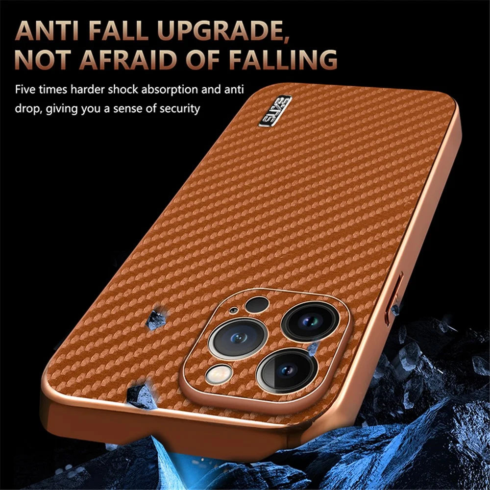 AZNS For iPhone 13 Pro Max Case Electroplating Carbon Fiber Texture PU+TPU Phone Cover - Brown - 6