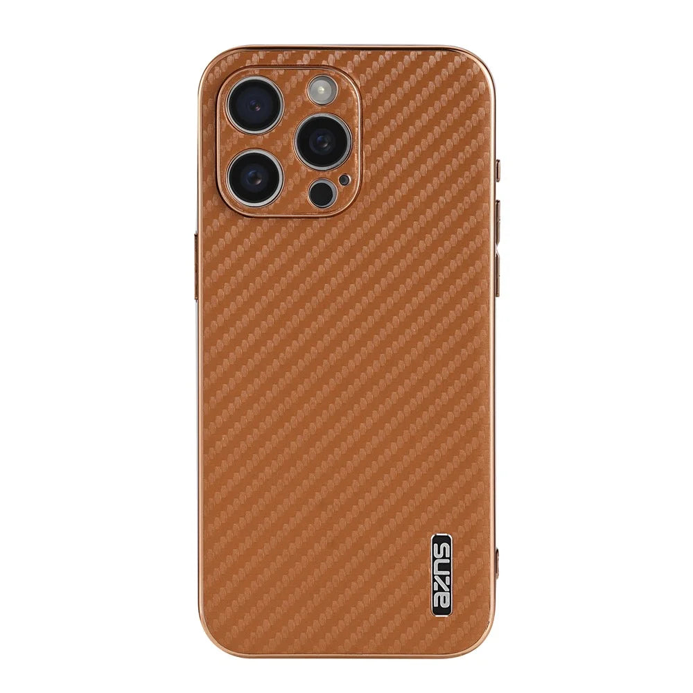 AZNS For iPhone 14 Pro Case Electroplating Carbon Fiber Texture PU+TPU Phone Cover - Brown - 3