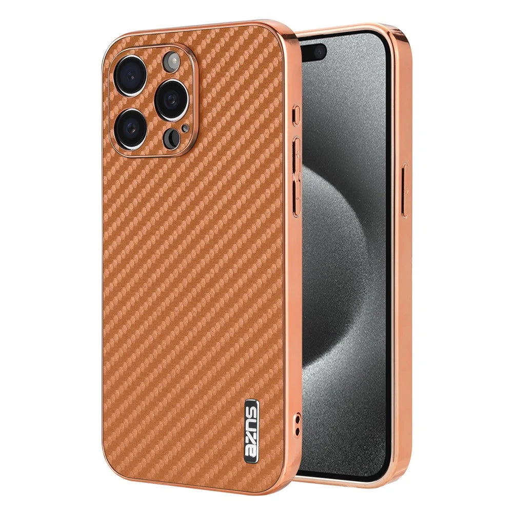 AZNS For iPhone 14 Pro Max Case Electroplating Carbon Fiber Texture PU+TPU Phone Cover - Brown - 1