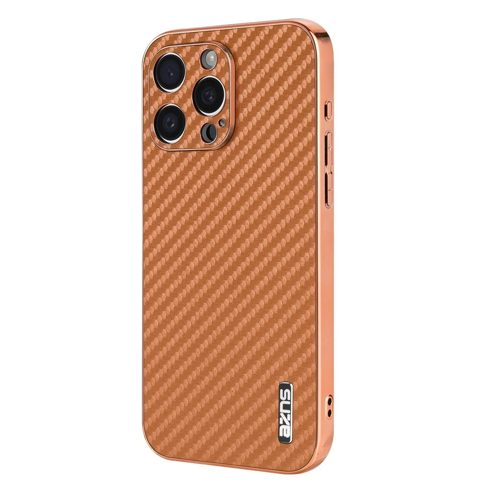 AZNS For iPhone 14 Pro Max Case Electroplating Carbon Fiber Texture PU+TPU Phone Cover - Brown - 2
