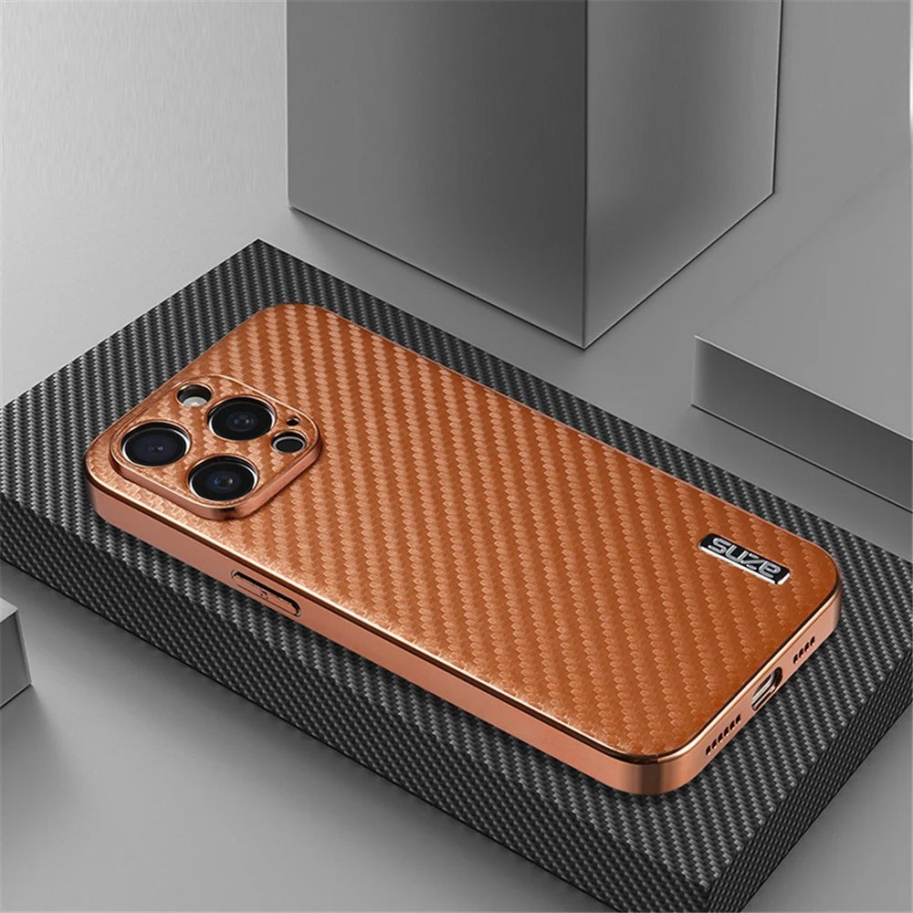 AZNS For iPhone 14 Pro Max Case Electroplating Carbon Fiber Texture PU+TPU Phone Cover - Brown - 4