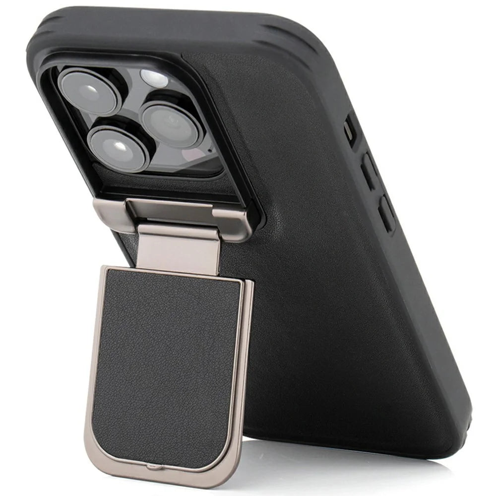 GKK For iPhone 16 Pro Case PU Leather Covered PC Phone Shell with Lens Guard Kickstand - Black - 3