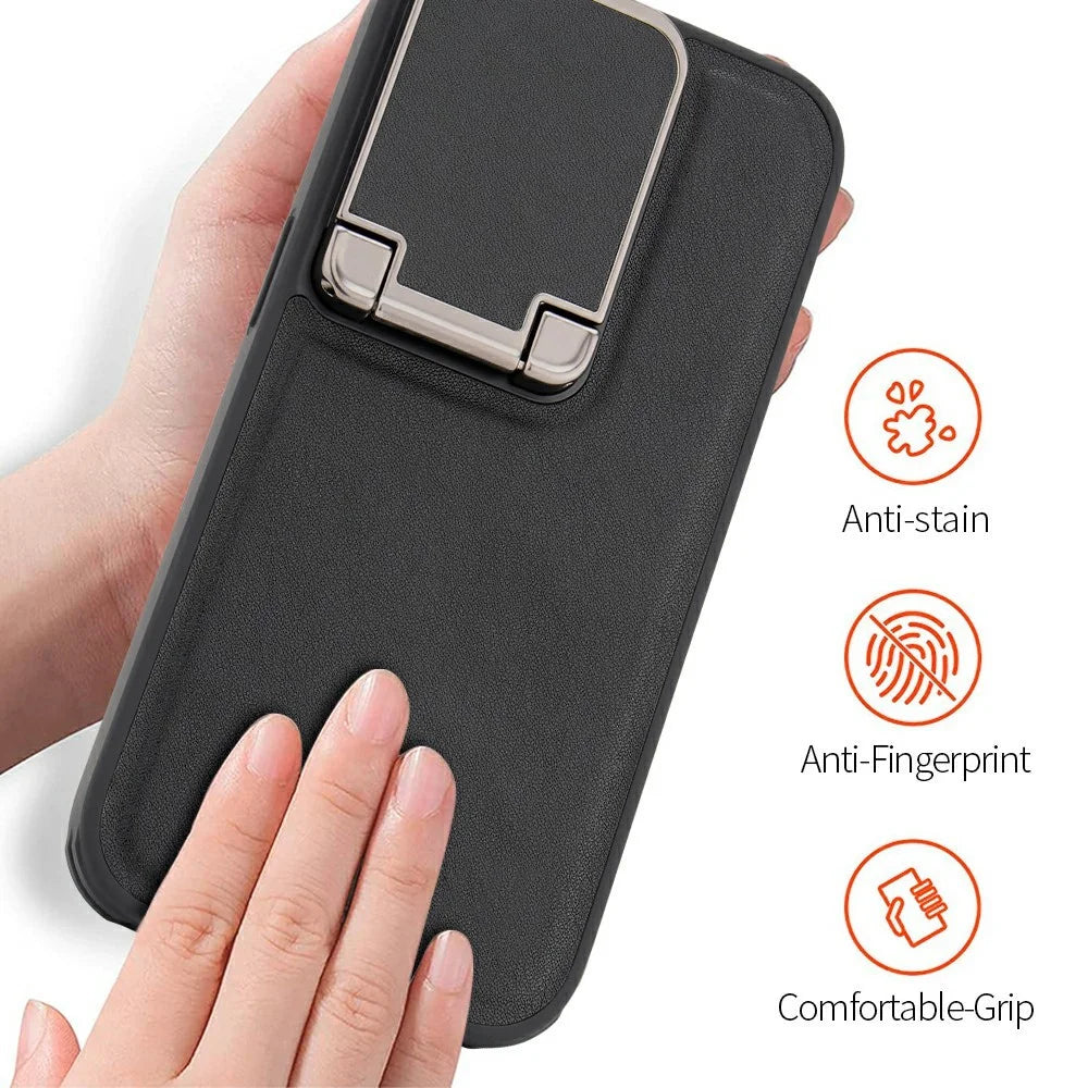 GKK For iPhone 16 Pro Case PU Leather Covered PC Phone Shell with Lens Guard Kickstand - Black - 4